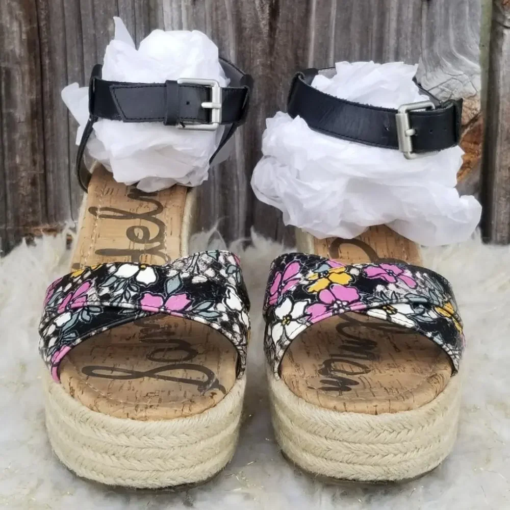 Platform Wedge Espadrille Sandals Sam Edelman Destin Size 10 Black Leather Strap